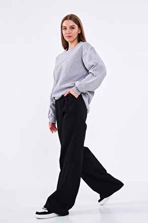 Gri Kadın Pamuklu Oversize Basic Bisiklet Yaka Sweatshirt