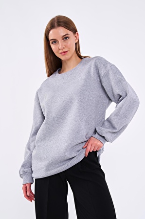 Gri Kadın Pamuklu Oversize Basic Bisiklet Yaka Sweatshirt