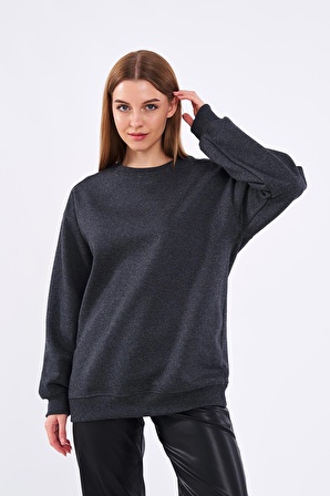 Antrasit Kadın Pamuklu Oversize Basic Bisiklet Yaka Sweatshirt