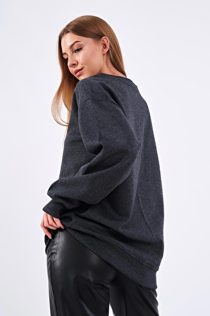 Antrasit Kadın Pamuklu Oversize Basic Bisiklet Yaka Sweatshirt