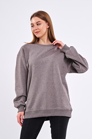 Kahve Kadın Pamuklu Oversize Basic Bisiklet Yaka Sweatshirt