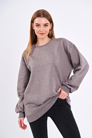 Kahve Kadın Pamuklu Oversize Basic Bisiklet Yaka Sweatshirt