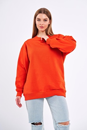 Turuncu Kadın Pamuklu Oversize Basic Bisiklet Yaka Sweatshirt