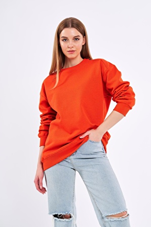 Turuncu Kadın Pamuklu Oversize Basic Bisiklet Yaka Sweatshirt