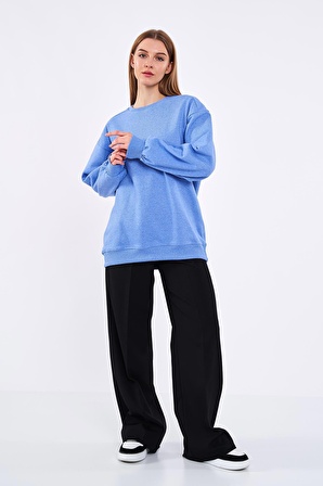 Mavi Kadın Pamuklu Oversize Basic Bisiklet Yaka Sweatshirt