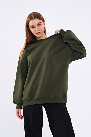 Haki Kadın Pamuklu Oversize Basic Bisiklet Yaka  Sweatshirt