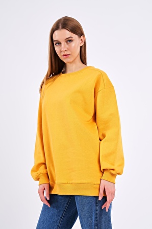 Sarı Kadın Pamuklu Oversize Basic Bisiklet Yaka Sweatshirt