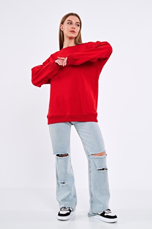 Kırmızı Kadın Pamuklu Oversize Basic Bisiklet Yaka Sweatshirt