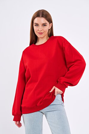 Kırmızı Kadın Pamuklu Oversize Basic Bisiklet Yaka Sweatshirt