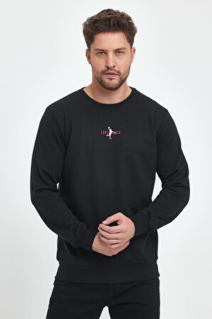 Siyah Erkek Supermagic Göğüs Baskılı Basic Sweatshirt