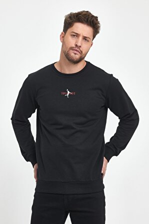 Siyah Erkek Supermagic Göğüs Baskılı Basic Sweatshirt