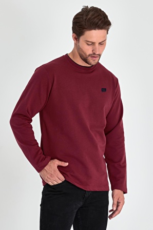 Erkek Bordo Çift Bisiklet Yaka Baskı Detaylı Standart Rahat Kesim Sweatshirt