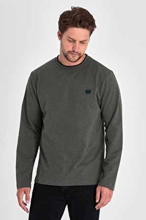 Erkek Haki Çift Bisiklet Yaka Baskı Detaylı Standart Rahat Kesim Sweatshirt