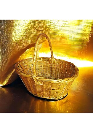 El Yapımı Altın Varaklı Söğüt Hasır Piknik Sepeti 15 litre K3