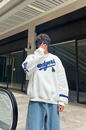 Unisex Beyaz Dodgers Baskılı Sweatshirt