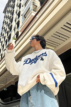 Unisex Beyaz Dodgers Baskılı Sweatshirt