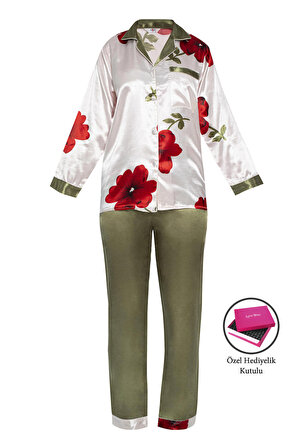 Çiçekli Gömlek Yaka Saten Kadın Pijama Takımı S1014