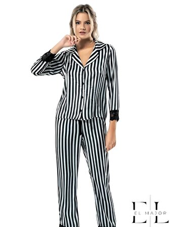 EL Major Kadın Siyah Çizgili İkili Saten Gecelik Pijama Takımı