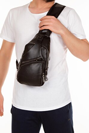 Unisex Siyah Yıkama Deri Usb Kulaklık Çıkışlı Göğüs Ve Omuz Çantası Çapraz Askılı Body Bag