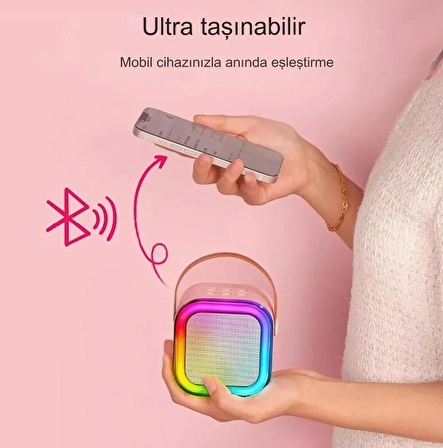 Rgb Işıkl Mikrofonlu Taşınabilir Bluetooth Hoparlör Kablosuz Karaoke Müzik Eğlence  KARAOKE Hoparlör PEMBE