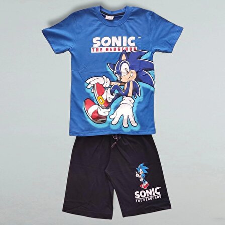 Sonic Desenli Mavi Renk Şortlu Takım