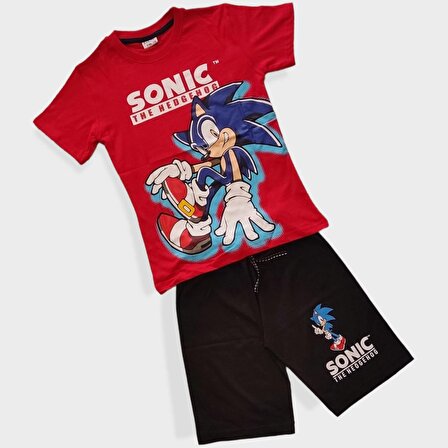 Sonic Desenli Kırmızı Renk Şortlu Takım