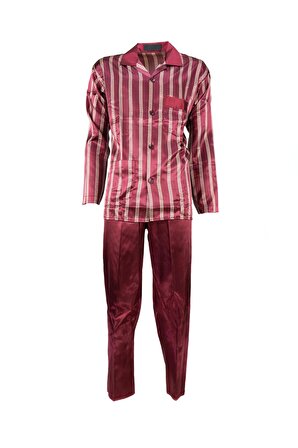 Oppland Erkek Şık Şerit Desenli Gömlek Yaka Cepli Pamuklu Kumaş Geniş Paça Saten Üçlü Pijama Takımı