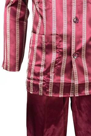 Oppland Erkek Şık Şerit Desenli Gömlek Yaka Cepli Pamuklu Kumaş Geniş Paça Saten Üçlü Pijama Takımı
