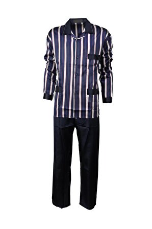 Erkek Klasik Model Pijama Takımı Premium ipeksi Saten Kumaş Çizgili Desenli Cepli Tam Kalıp