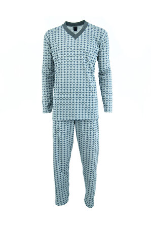 Oppland Erkek Delta Desenli V Yaka Tek Cepli Rahat Kesim Pamuk Kumaş Düz Paça Pijama Takımı
