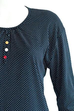 Oppland Kadın Lacivert Anne Butik Bluz Üç Düğme süslü Puantiyeli Rahat Kesim Turlu Viskon Penye Likralı Kumaş