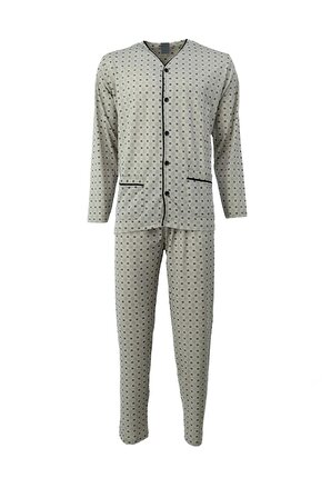 Oppland Erkek Şık Desenli V Yaka Cepli Tam Kalıp Uzun Kollu %100 Pamuk Kumaş Premium Pijama Takımı