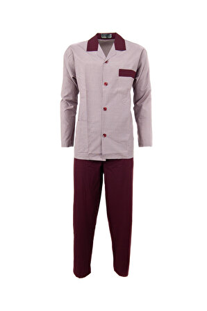 Oppland Erkek Desenli Gömlek Yaka Uzun Kollu Cepli Pamuklu Kumaş Poplin ikili Pijama Takımı