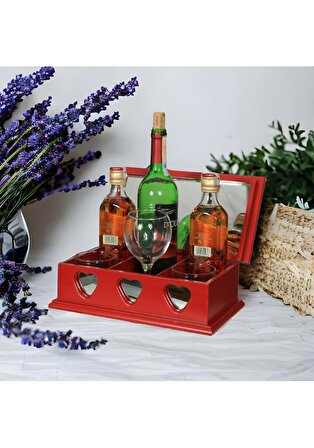 Kırmızı Ahşap Kayın Ağacı Kalpli Aynalı Viski Standı Şaraplık D3