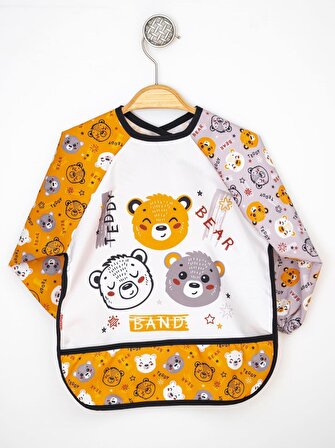 Bear Teddy Desenli Uzun Kollu Unisex Bebek Mama Önlüğü Sıvı Geçirmez