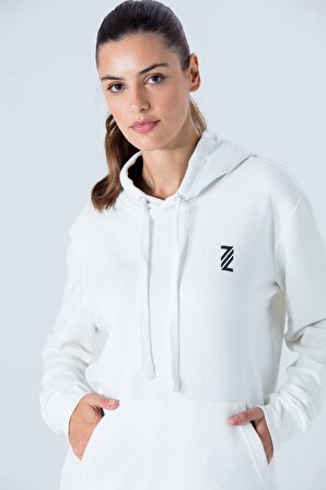 Kadın Beyaz Kapüşonlu Sweatshirt Diagonal Uzun Kollu Rahat Kesim 3 İplik Spor Pamuklu Sweatshirt