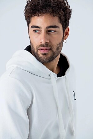 Erkek Beyaz Kapüşonlu Sweatshirt Diagonal Uzun Kollu Rahat Kesim 3 İplik Spor Pamuklu Sweatshirt