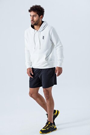 Erkek Beyaz Kapüşonlu Sweatshirt Diagonal Uzun Kollu Rahat Kesim 3 İplik Spor Pamuklu Sweatshirt