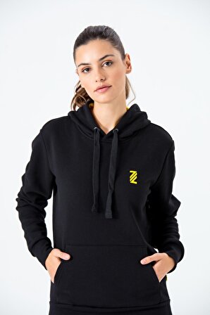 Kadın Siyah Kapüşonlu Sweatshirt Diagonal Uzun Kollu Rahat Kesim 3 İplik Spor Pamuklu Sweatshirt
