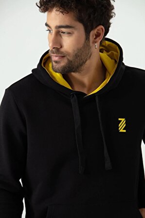 Erkek Siyah Kapüşonlu Sweatshirt Diagonal Uzun Kollu Rahat Kesim 3 İplik Spor Pamuklu Sweatshirt