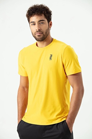 Erkek Sarı Bisiklet Yaka Rahat Kesim Casual Nefes Alabilen Athletic Spor T-shirt - Tişört