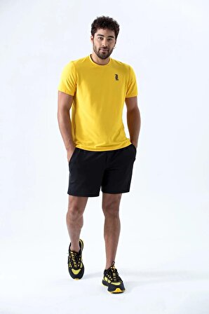 Erkek Sarı Bisiklet Yaka Rahat Kesim Casual Nefes Alabilen Athletic Spor T-shirt - Tişört