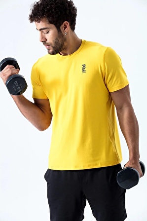 Erkek Sarı Bisiklet Yaka Rahat Kesim Casual Nefes Alabilen Athletic Spor T-shirt - Tişört