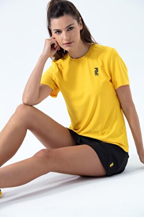 Kadın Sarı Bisiklet Yaka Rahat Kesim Casual Nefes Alabilen Athletic Spor T-shirt - Tişört