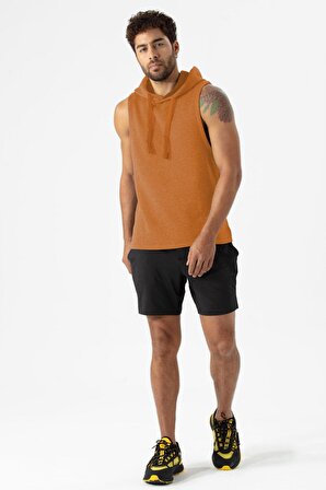 Erkek Kiremit Kapüşonlu Kolsuz Rahat Kesim Sıfır Kol Pamuklu Casual Spor T-shirt - Tişört