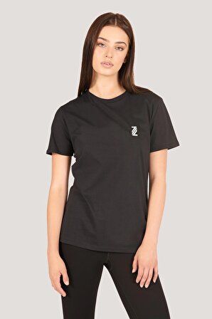 P-005962-Kadın %100 Pamuklu Bisiklet Yaka Kısa Kol Rahat Kesim Casual Spor T-shirt - Tişört-SİYAH