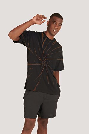 P-006886-Erkek 100% Pamuklu Oversize Batik Yıkama Efektli  Kısa Kol T-shirt-SİYAH