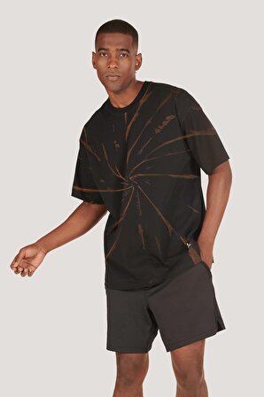 P-006886-Erkek 100% Pamuklu Oversize Batik Yıkama Efektli  Kısa Kol T-shirt-SİYAH