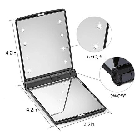 TechTic Katlanır Mini Işıklı Makyaj Aynası Cep Çanta Aynası 8 LED Pilli(23A 12V Pil Dahildir) Pembe