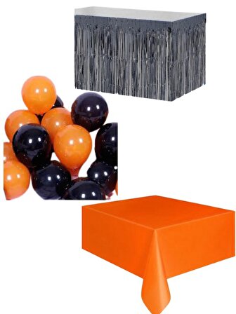 Turuncu Masa Örtüsü Siyah Masa Eteği  20 adet siyah turuncu balon Set